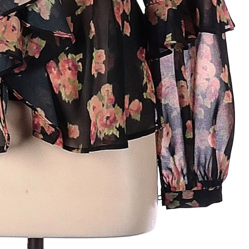 Topshop Black Floral Print Ruffle V Neck Women's Blouse Long Puff Sleeve Size 6 - Picture 5 of 5
